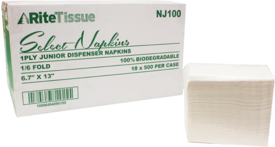 RiteTissue - 1 Ply 6.7" X 13" Junior Dispenser Napkin, Pack of 9000 - NJ100