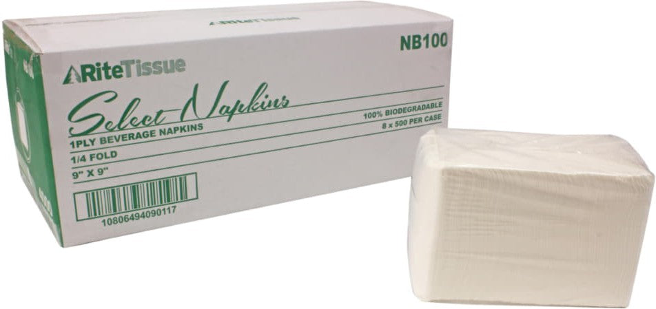 RiteTissue - 1 Ply 9" x 9" Beverage Napkins, Pack of 500 - NB100