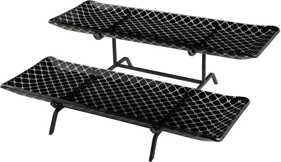 Rosseto - 2 Level Black Metal Flat Packed Stand with Two Large Zenit Black & 22.5" Handmade Glass Tray - GST02BFP