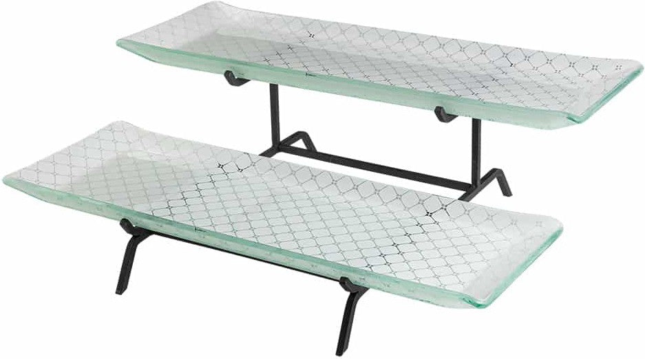 Rosseto - 2 Level Black Metal Flat Packed Stand with Two Large Zenit White & 22.5" Handmade Glass Tray - GST02WFP