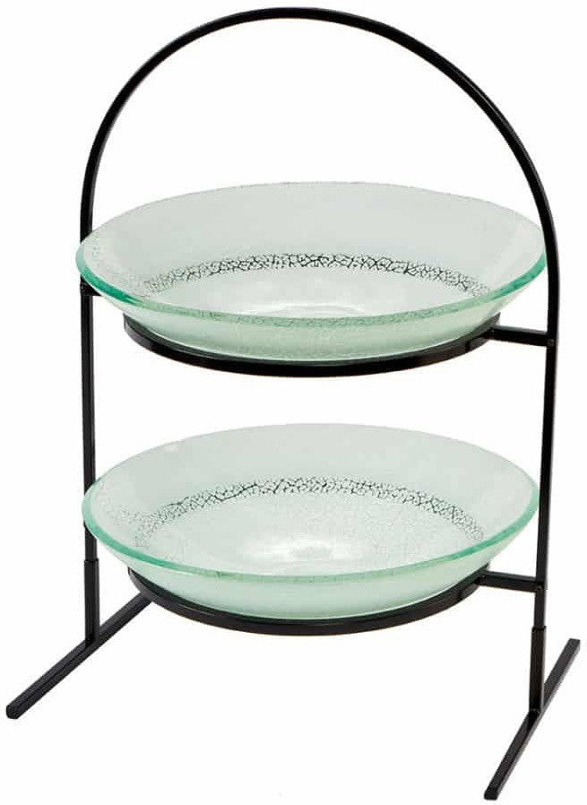 Rosseto - 2 Level Round Black Metal Flat Packed Stand with Two Foglia White 14″ Round Handmade Glass Bowl - GST08FWFP