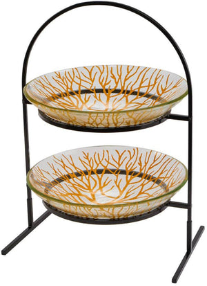 Rosseto - 2 Level Round Black Metal Flat Packed Stand with Two Radici Mustard 14″ Round Handmade Glass Bowl - GST08MFP