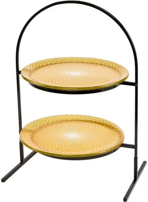 Rosseto - 2 Level Round Black Metal Flat Packed Stand with Two Spiro Gold 13″ Round Handmade Glass Platte - GST08GFP