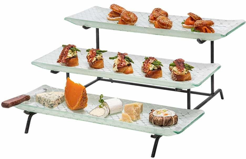 Rosseto - 3 Level Black Metal Flat Packed Stand with Three Large Zenit White & 22.5" Handmade Glass Tray - GST01WFP