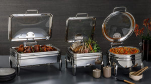 Rosseto - 6.34 Qt De Luxe Round Stainless Steel Chafing Dish with Glass Lid, Frame, Burner Holder & Induction Option - CP403F