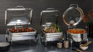 Rosseto - 6.34 Qt De Luxe Square Stainless Steel Chafing Dish with Glass Lid, Frame, Burner Holder & Induction Option - CP402F