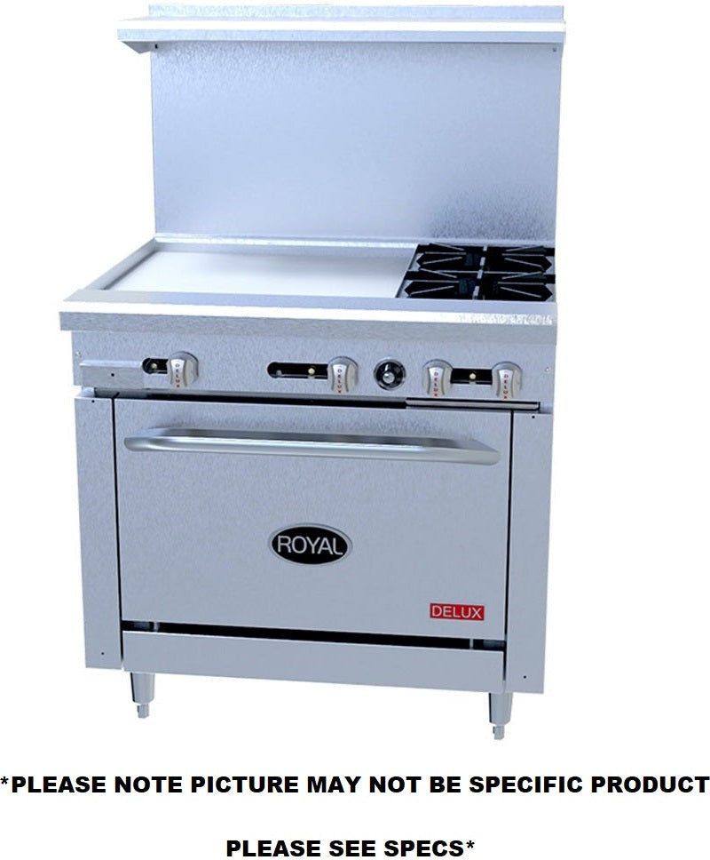 Royal - Delux 36″ Stainless Steel 4 Open Burners Gas Range with One 26.5” Wide Oven and 12" Wide Griddle - RDR-4G12