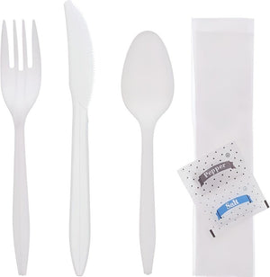 Sanfacon - 5 PC Cutlery Kit Knife, Fork, Salt, Pepper, Dinner Napkin, Pack of 500 - 828361