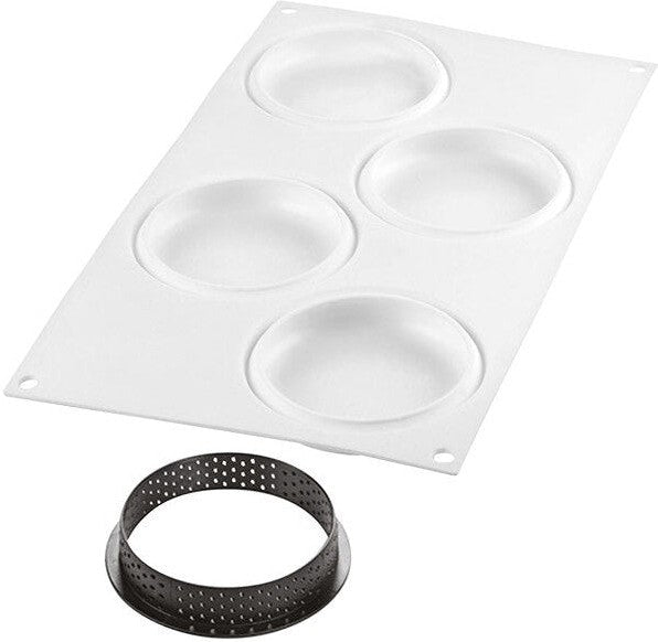 Silikomart - 3.9" x 0.7" 4 Compartment Round Silicone Composite Tarte Ring with #4 Rings - TART RING 100