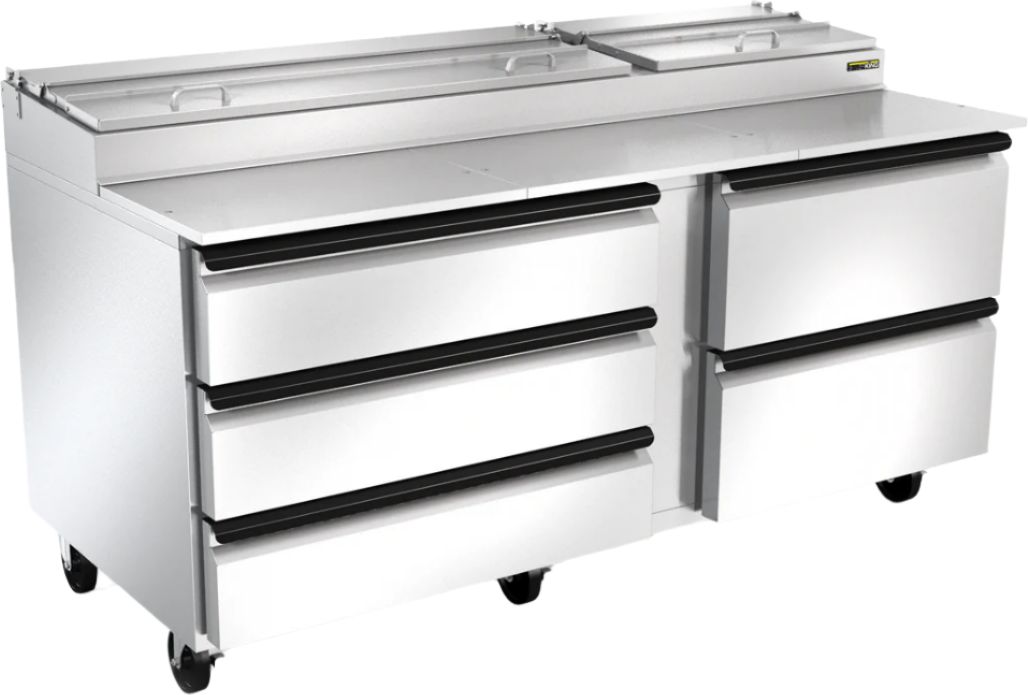 Silver King - 72” Prep Table With Tri-Fold Lid, 16” Deep Cutting Board, 5 Drawers, and 5” Casters - SKPZ72-EDUS3