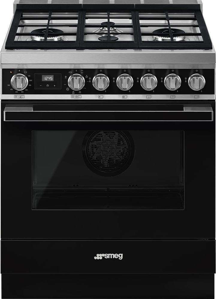 Smeg - Portofino 30" Black Stainless Steel 4-Burner Dual Fuel Range - CPF30UGMBL (Special Order)