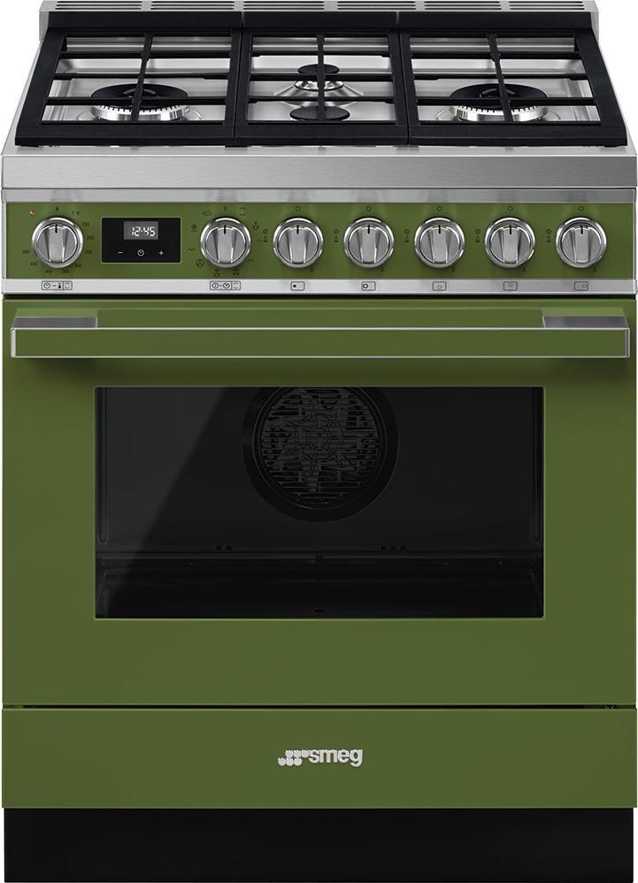 Smeg - Portofino 30" Green Stainless Steel 4-Burner Dual Fuel Range - CPF30UGMOG (Special Order)