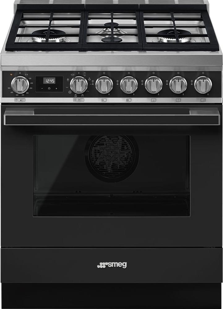 Smeg - Portofino 30" Matte Black Stainless Steel 4-Burner Dual Fuel Range - CPF30UGMAN (Special Order)