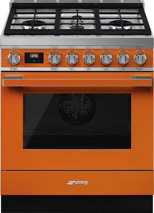 Smeg - Portofino 30" Orange Stainless Steel 4-Burner Dual Fuel Range - CPF30UGMOR (Special Order)