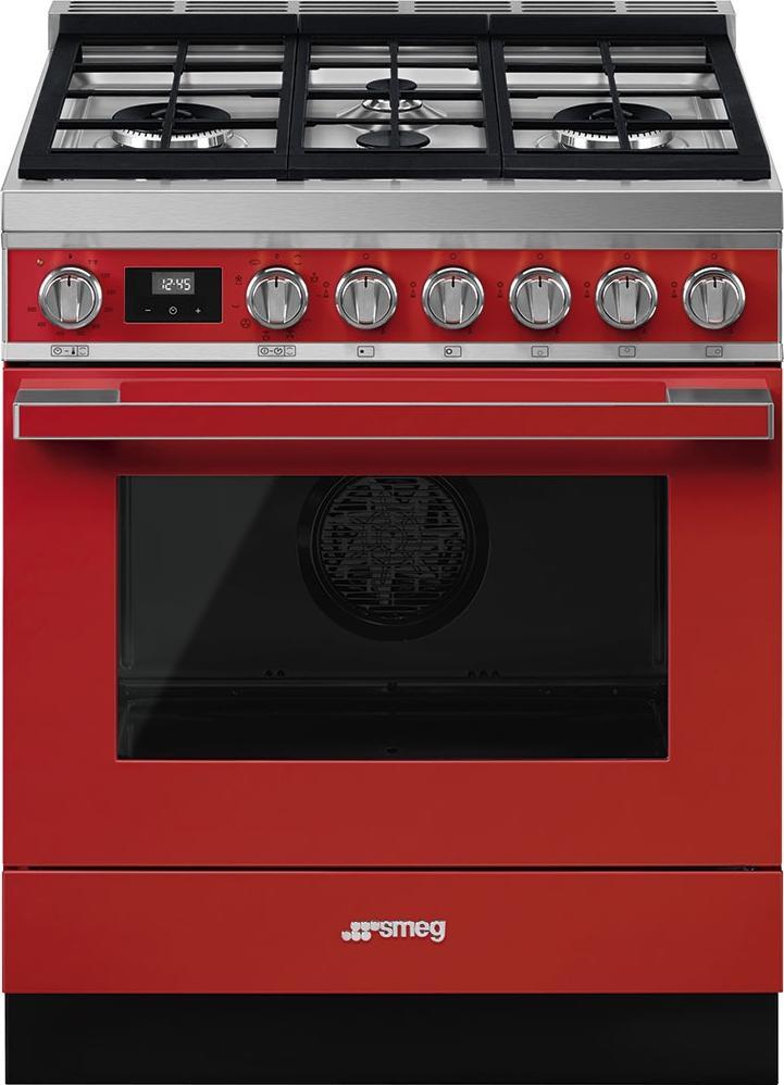 Smeg - Portofino 30" Red Stainless Steel 4-Burner Dual Fuel Range - CPF30UGMR (Special Order)