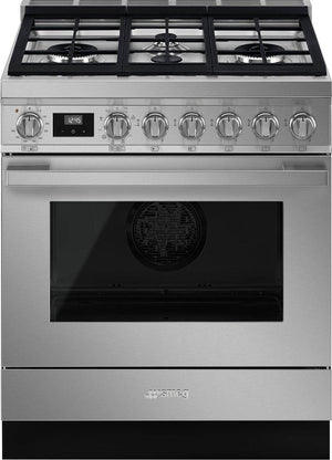 Smeg - Portofino 30" Stainless steel 4-Burner Dual Fuel Range - CPF30UGMX (Special Order)