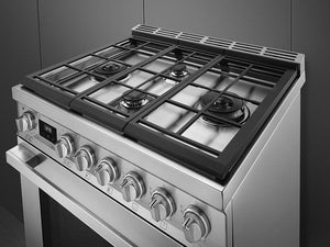 Smeg - Portofino 30" Stainless steel 4-Burner Dual Fuel Range - CPF30UGMX (Special Order)