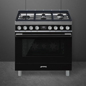 Smeg - Portofino 36" Black Stainless Steel 5-Burner Dual Fuel Range - CPF36UGMBL (Special Order)