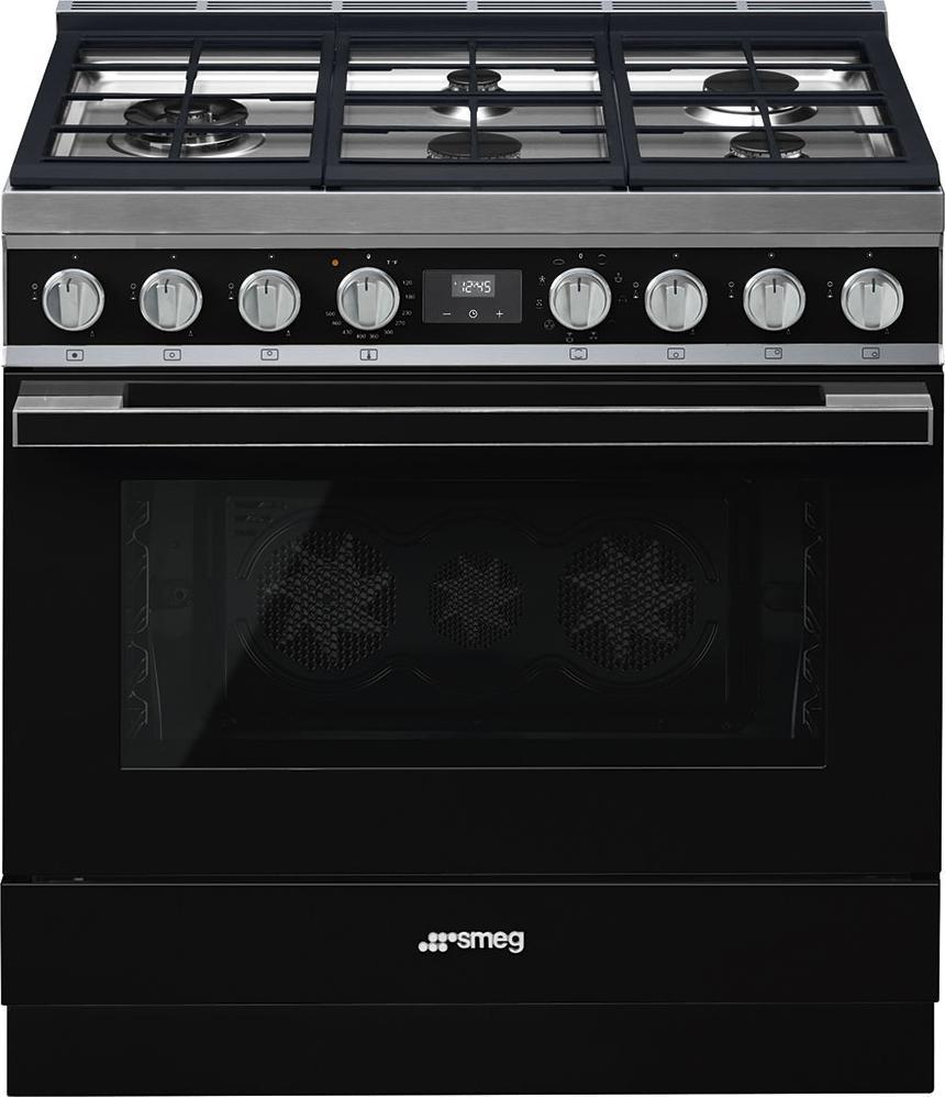 Smeg - Portofino 36" Black Stainless Steel 5-Burner Dual Fuel Range - CPF36UGMBL (Special Order)