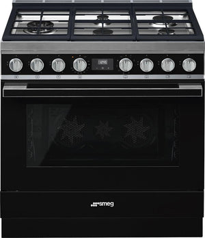 Smeg - Portofino 36" Black Stainless Steel 5-Burner Dual Fuel Range - CPF36UGMBL (Special Order)