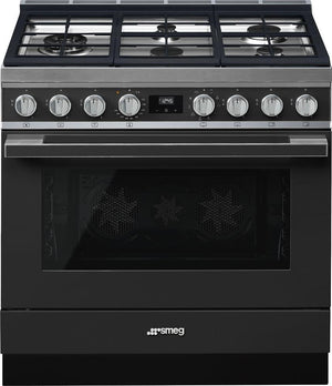 Smeg - Portofino 36" Black Stainless Steel 5-Burner Dual Fuel Range Matte - CPF36UGMAN (Special Order)