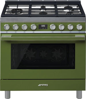 Smeg - Portofino 36" Green Stainless Steel 5-Burner Dual Fuel Range - CPF36UGMOG (Special Order)