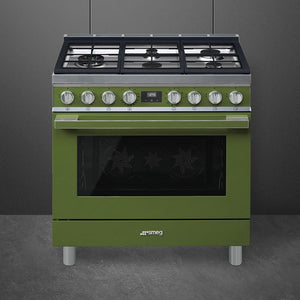 Smeg - Portofino 36" Green Stainless Steel 5-Burner Dual Fuel Range - CPF36UGMOG (Special Order)