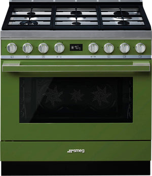 Smeg - Portofino 36" Green Stainless Steel 5-Burner Dual Fuel Range - CPF36UGMOG (Special Order)