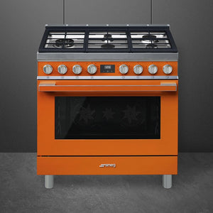 Smeg - Portofino 36" Orange Stainless Steel 5-Burner Dual Fuel Range - CPF36UGMOR (Special Order)