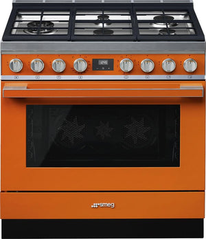 Smeg - Portofino 36" Orange Stainless Steel 5-Burner Dual Fuel Range - CPF36UGMOR (Special Order)