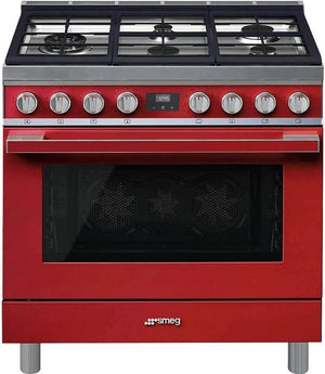 Smeg - Portofino 36" Red Stainless Steel 5-Burner Dual Fuel Range - CPF36UGMR (Special Order)