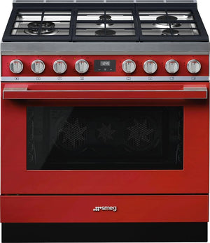 Smeg - Portofino 36" Red Stainless Steel 5-Burner Dual Fuel Range - CPF36UGMR (Special Order)