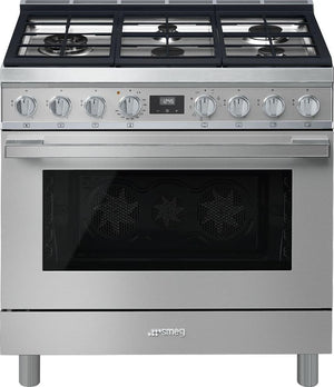 Smeg - Portofino 36" Stainless Steel 5-Burner Dual Fuel Range - CPF36UGMX (Special Order)