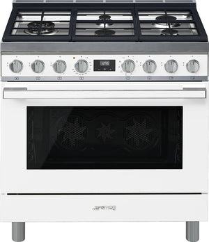 Smeg - Portofino 36" White Stainless Steel 5-Burner Dual Fuel Range - CPF36UGMWH (Special Order)