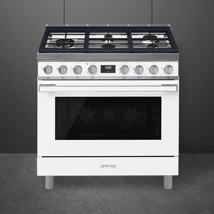 Smeg - Portofino 36" White Stainless Steel 5-Burner Dual Fuel Range - CPF36UGMWH (Special Order)