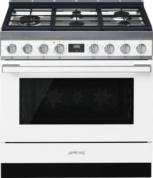 Smeg - Portofino 36" White Stainless Steel 5-Burner Dual Fuel Range - CPF36UGMWH (Special Order)