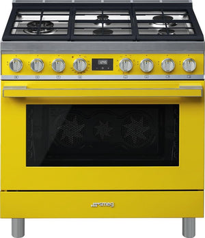 Smeg - Portofino 36" Yellow Stainless Steel 5-Burner Dual Fuel Range - CPF36UGMYW (Special Order)