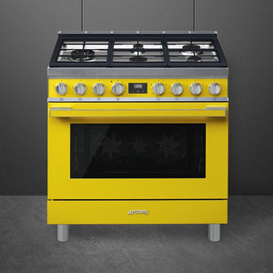 Smeg - Portofino 36" Yellow Stainless Steel 5-Burner Dual Fuel Range - CPF36UGMYW (Special Order)