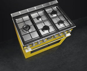 Smeg - Portofino 36" Yellow Stainless Steel 5-Burner Dual Fuel Range - CPF36UGMYW (Special Order)