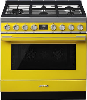 Smeg - Portofino 36" Yellow Stainless Steel 5-Burner Dual Fuel Range - CPF36UGMYW (Special Order)