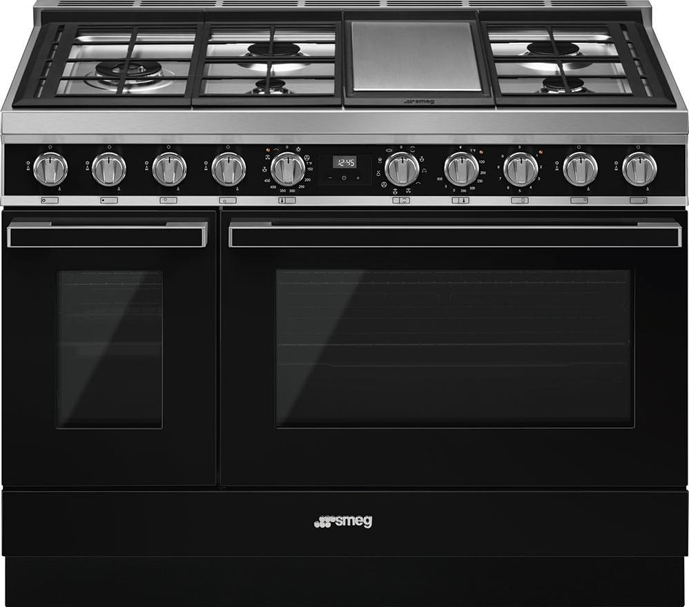 Smeg - Portofino 48" Black Stainless Steel 5-Burner Dual Fuel Range - CPF48UGMBL (Special Order)