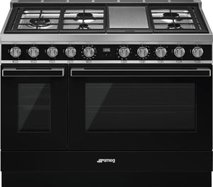 Smeg - Portofino 48" Black Stainless Steel 5-Burner Dual Fuel Range - CPF48UGMBL (Special Order)