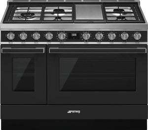 Smeg - Portofino 48" Black Stainless Steel 5-Burner Dual Fuel Range Matte - CPF48UGMAN (Special Order)