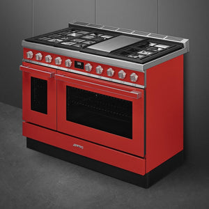 Smeg - Portofino 48" Red Stainless Steel 5-Burner Dual Fuel Range - CPF48UGMR (Special Order)