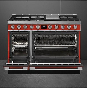 Smeg - Portofino 48" Red Stainless Steel 5-Burner Dual Fuel Range - CPF48UGMR (Special Order)