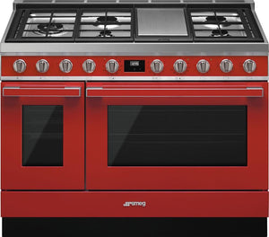 Smeg - Portofino 48" Red Stainless Steel 5-Burner Dual Fuel Range - CPF48UGMR (Special Order)