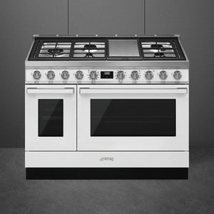 Smeg - Portofino 48" White Stainless Steel 5-Burner Dual Fuel Range - CPF48UGMWH (Special Order)