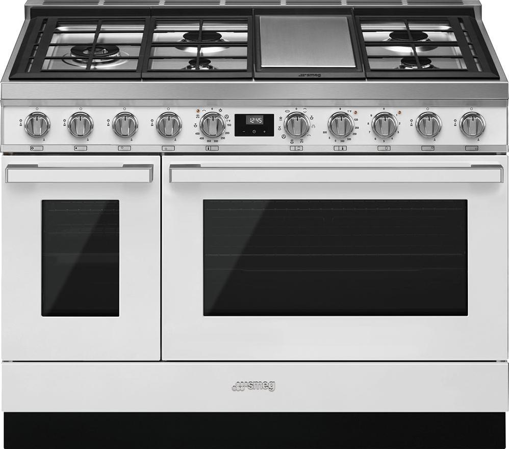 Smeg - Portofino 48" White Stainless Steel 5-Burner Dual Fuel Range - CPF48UGMWH (Special Order)