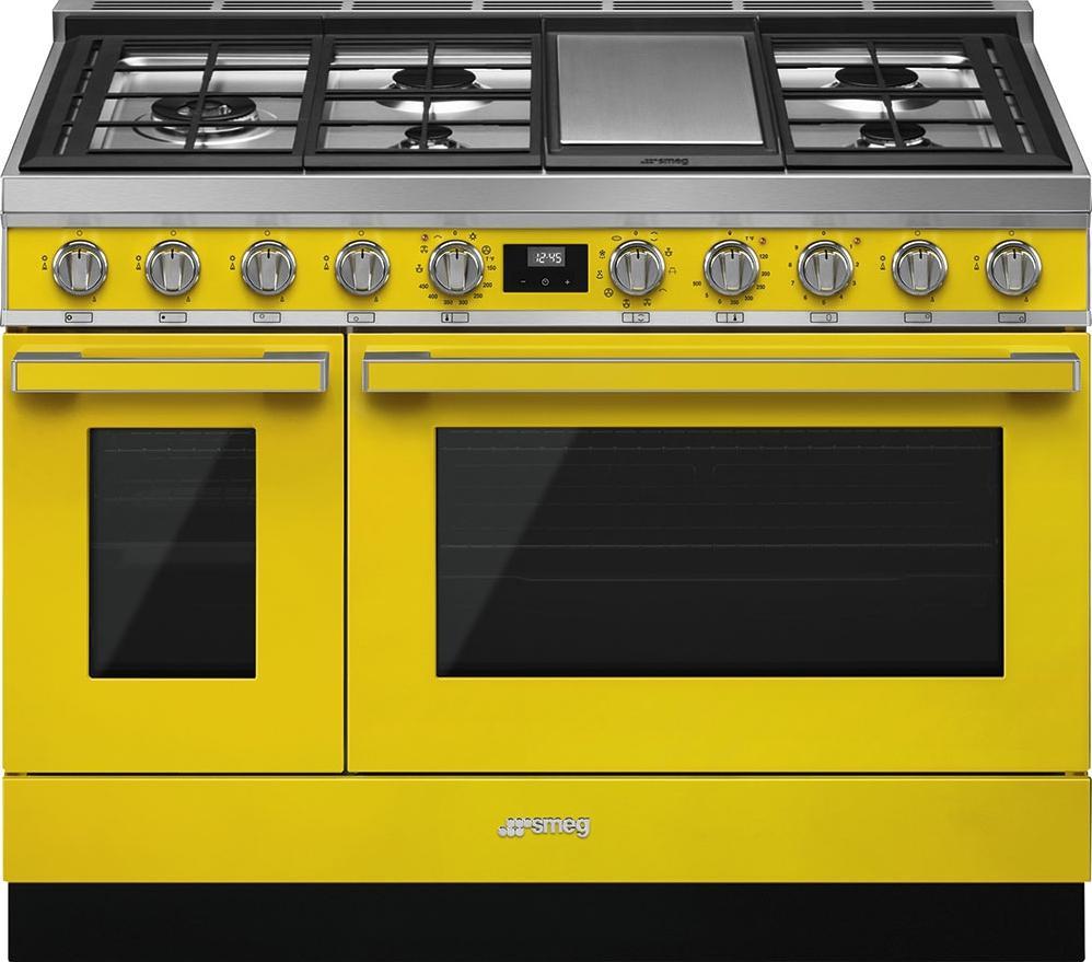 Smeg - Portofino 48" Yellow Stainless Steel 5-Burner Dual Fuel Range - CPF48UGMYW (Special Order)