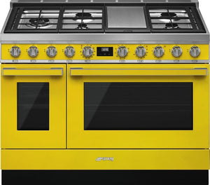 Smeg - Portofino 48" Yellow Stainless Steel 5-Burner Dual Fuel Range - CPF48UGMYW (Special Order)